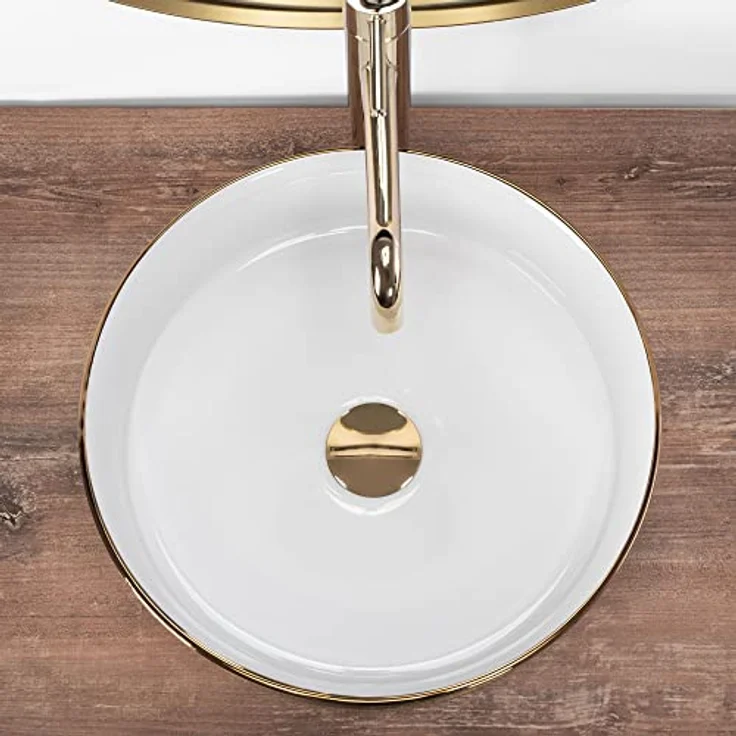 Rea Aufsatzwaschbecken Sami White Brush Gold Waschtisch Handwaschbecken Spülbecken Waschschale Waschbecken für Badezimmer aus hochwertiger Keramik 360 mm x 360 mm x 115 mm (Gold/weiß) – Bild 5