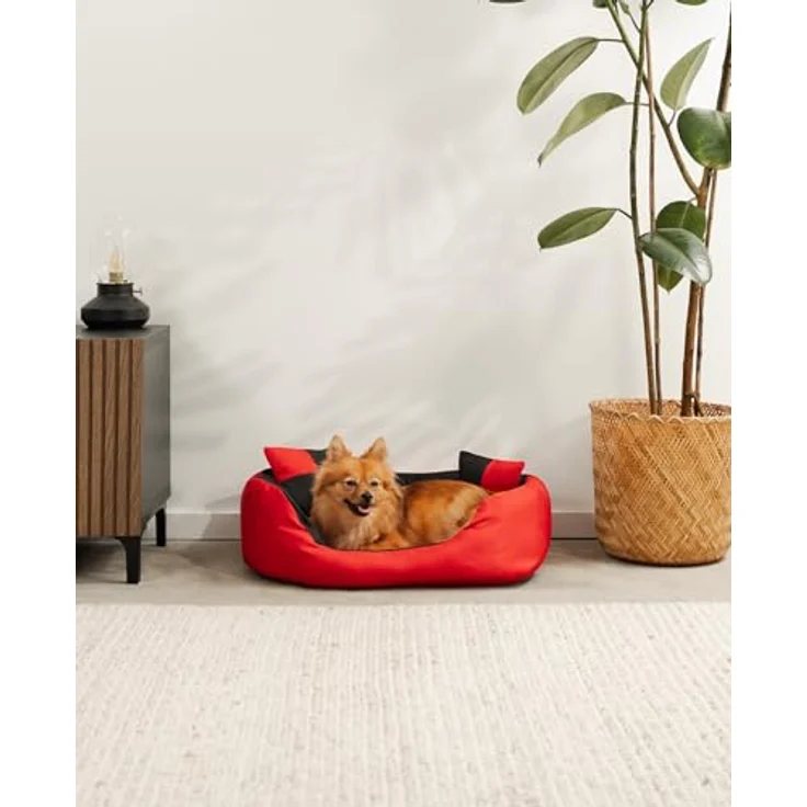 lionto 4-in-1 Hundebett Hundekissen Hundesofa abwischbar mit Wendekissen, (S) 65x50 cm rot/schwarz – Bild 2