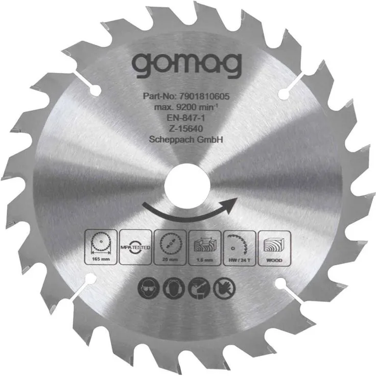 Gomag Kreissägeblatt 7901810605, Ø 165 mm, 24 Zähne für präzises Sägen in Holz, passend für GO-HKS165 und GO-HKS165BL