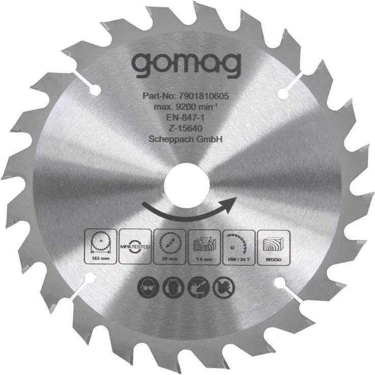 Gomag Kreissägeblatt 7901810605, Ø 165 mm, 24 Zähne für präzises Sägen in Holz, passend für GO-HKS165 und GO-HKS165BL