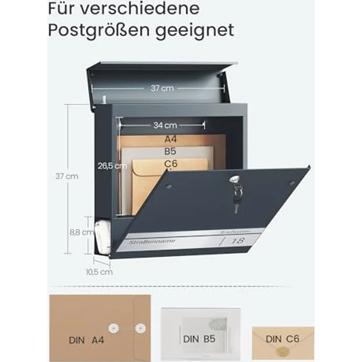 SONGMICS Briefkasten GMB090G01, personalisierbar mit Namensschild und Hausnummernschild, anthrazitgrau, Softclose-Deckel, abschließbar, Zeitungsfach, leichte Montage, 10,5 x 37 x 37 cm – Bild 5