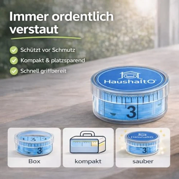 HaushaltO 2 in 1 Maßband 150 cm, präzises Schneidermaßband mit cm und Inch Skalierung, inklusive Aufbewahrungsbox (Blau) – Bild 2