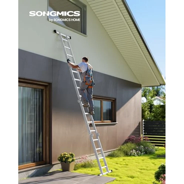 SONGMICS Leiter, Mehrzweckleiter, Aluleiter, 6 Positionen, bis 150 kg, 430 cm lang, silbern – Bild 2