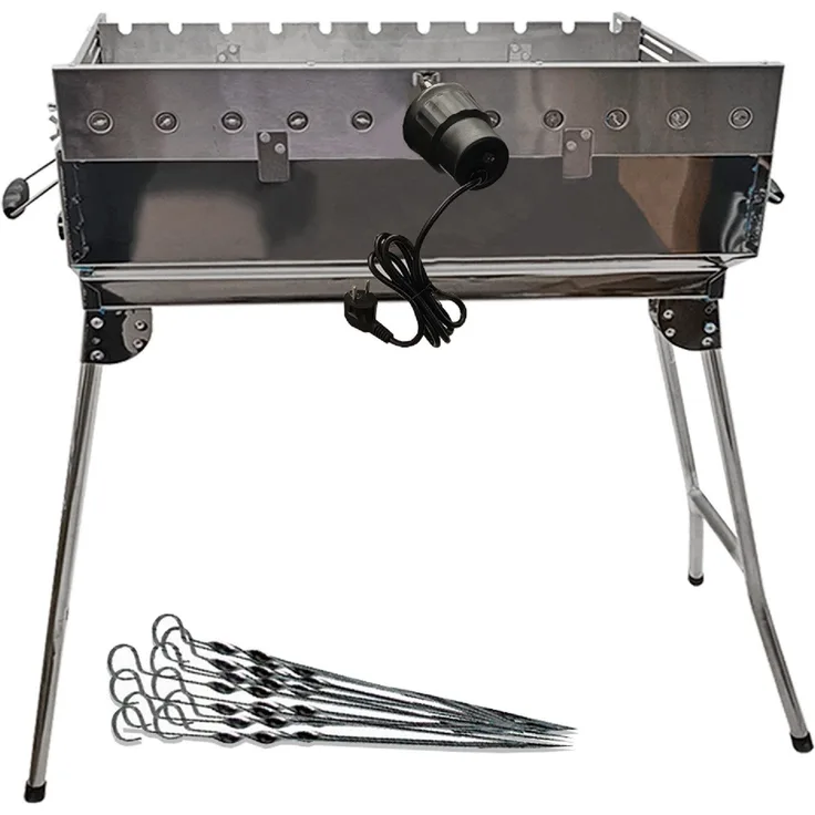 Grillpeter Holzkohlegrill Mangal Kairat Schaschlikgrill mit 11 Spießen & 230 V Motor, Edelstahl, inkl. Grillspießdreher Sesam 11