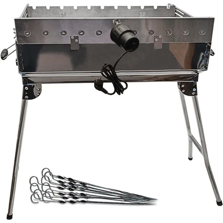 Grillpeter Holzkohlegrill Mangal Kairat Schaschlikgrill mit 11 Spießen & 230 V Motor, Edelstahl, inkl. Grillspießdreher Sesam 11