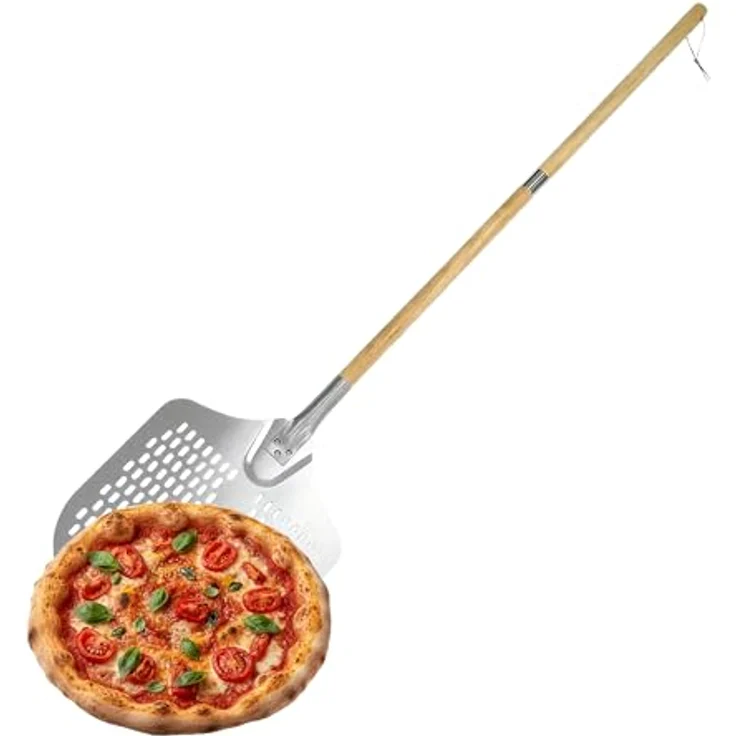 relaxdays Pizzaschieber, perforierter XL Pizzaschieber aus Aluminium mit verstellbarem Holzgriff, Silber/Natur – Bild 1