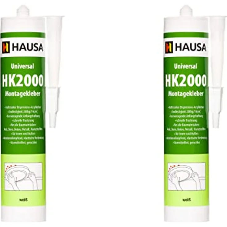 HAUSA Montagekleber HK2000 2x 540g extra starker Acryl-Kleber für Innen & Außen Baukleber für Styropor Leisten elastischer Kleber für poröse Oberflächen Holz Beton Metall überstreichbar weiß