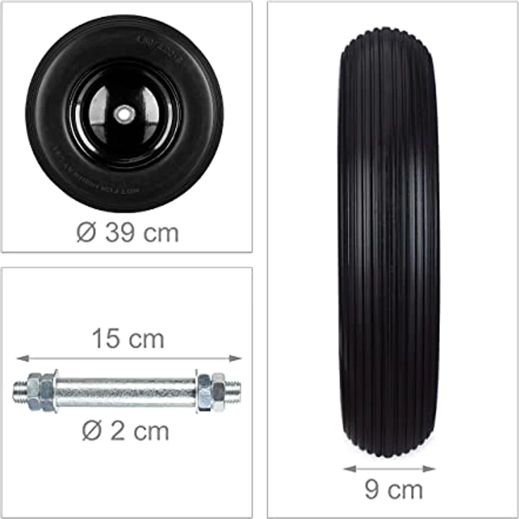 Schubkarrenrad Vollgummi mit Achse, 4.80 4.00-8 Gummirad, pannensicher, 100 kg Tragkraft Ersatzrad, schwarz – Bild 5