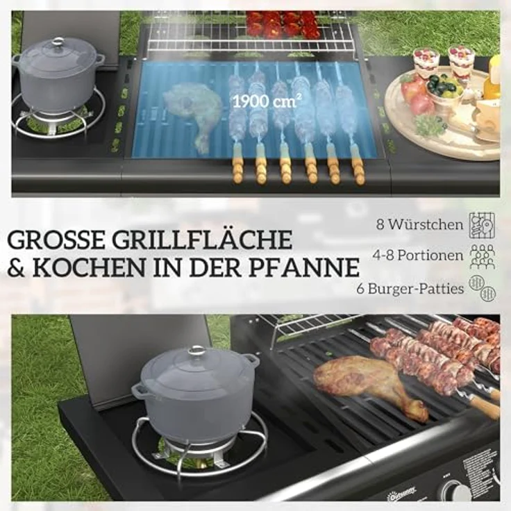 Outsunny Gasgrill 12,2 KW 3+1 Brenner BBQ Grillwagen aus Edelstahl inkl Rolle Seitenbrenner Thermometer Grillrost Kochfeld Seitentisch Gas-Grill für Balkon Camping 118,5 x 56 x 110 cm - Edelstahl – Bild 3