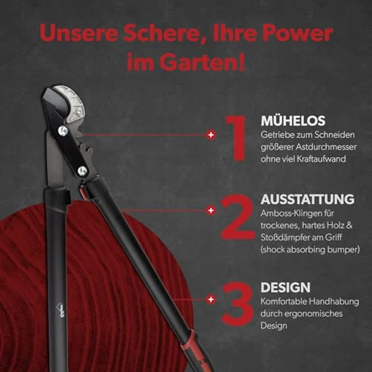 siwitec Amboss Getriebeastschere SG-22, Baumschere für frisches Holz bis zu Ø 40 mm, mit Kohlenstoffstahl Klinge, 75,5 cm, Schwarz-Rot – Bild 4