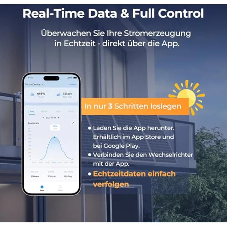 SUNSHARE Ray Lite 400W Balkonkraftwerk Set, 1 kWh Stromspeicher, Plug-&-Play Installation, Halterung für Balkongeländer, Silber – Bild 2