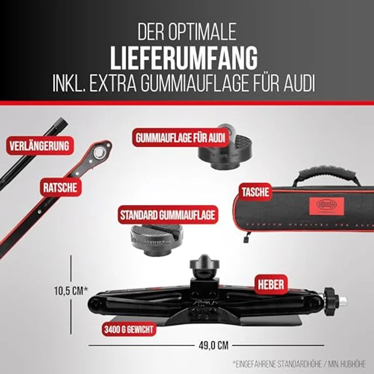 HEYNER® Multi Lift L Black, Scherenwagenheber 2t Set mit Gummiauflage für AUDI, 360° drehbar, Hubhöhe 125-470 mm, inkl. Ratsche & Tasche, TÜV Rheinland – Bild 6