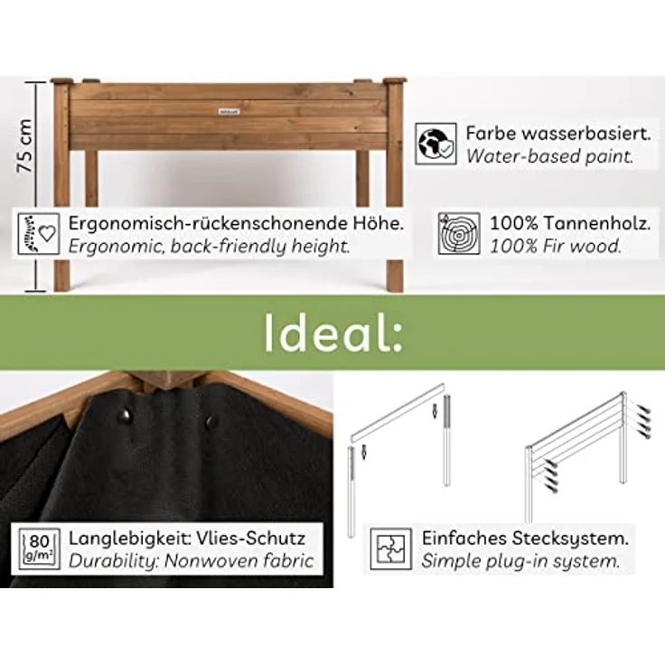 needs&wants® Großes Hochbeet aus Holz für Garten Balkon Terrasse, Pflanzkasten Bausatz XL rechteckig schmal mit Vlies-Folie, Kräuterbeet Pflanzenkasten deko, 125 x 64 x 75 cm, dunkel-braun – Bild 3