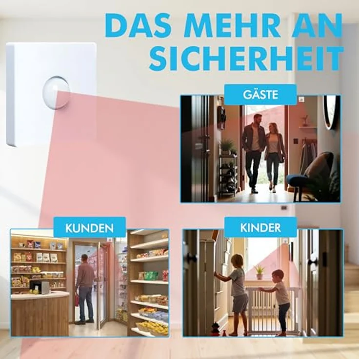 m-e Funk-Bewegungsmelder Set BELL-8121, kabelloser Durchgangsmelder mit 300 Meter Reichweite, Klingelton/Alarm, Set mit Batterieempfänger für Ladentüren und Eingänge – Bild 3