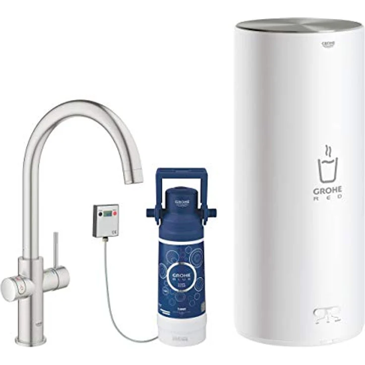 Grohe Red Duo Küchenarmatur mit C-Auslauf und Boiler L, supersteel, kochendes Wasser, kindersicher – Bild 1