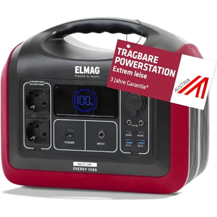 ELMAG Tragbare Powerstation ENERGY 1200, 1200W LiFEPO4 Akku mit 992Wh, 3 Ladeoptionen, Digitaldisplay, integrierter Solarladeregler