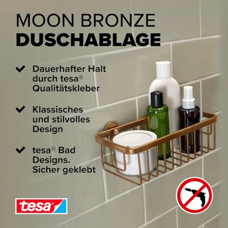 tesa MOON BRONZE selbstklebende Duschablage in gebürsteter Bronze - einstöckig und extra tief - Duschregal aus PVD-beschichtetem Metall - ohne Bohren, mit Klebelösung - 250mm x 92mm x 125mm – Bild 2