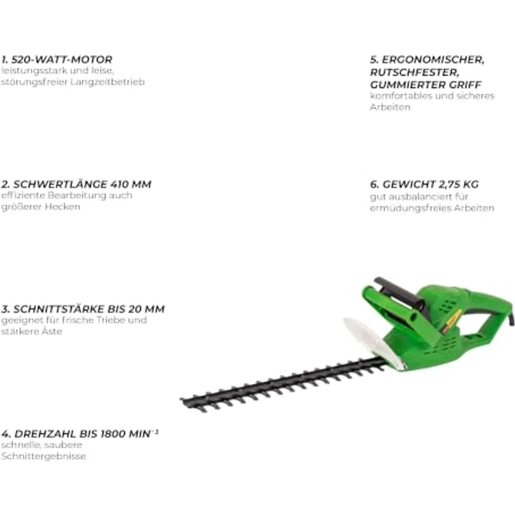 Procraft PT520 Heckenschere, 520 Watt, 410 mm Schnittlänge, 20 mm Schnittstärke, ergonomischer Griff, leiser Betrieb – Bild 7