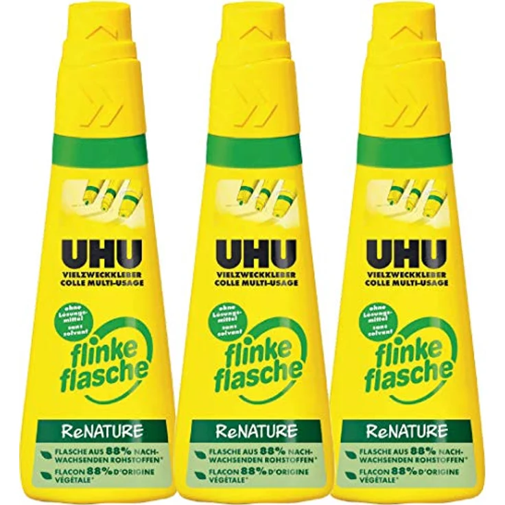 UHU 46541 - 3 Vielzweckkleber Flinke Flasche, 3x100 g, lösungsmittelfrei, Kunststoff-Flasche, ideal für Punkt-, Strich- und Flächenkleben – Bild 1