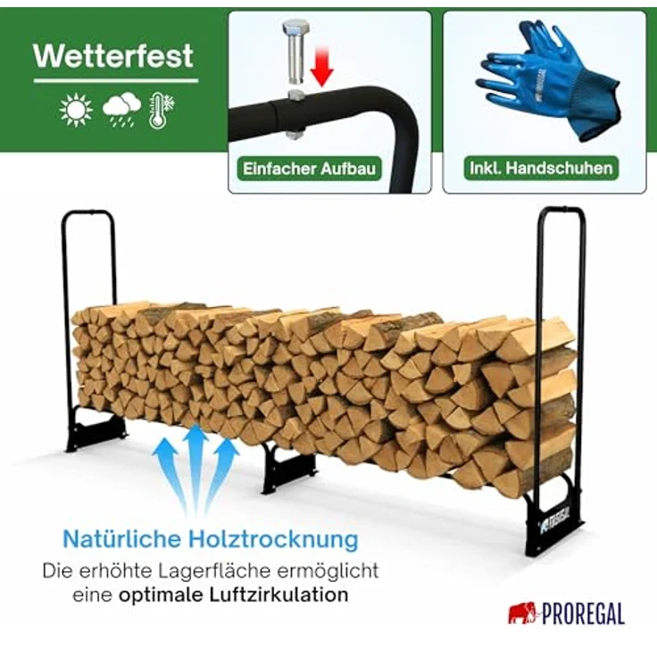 PROREGAL Kaminholzregal CHIMERA, wetterfestes Stahl-Regal für Außenbereiche, 117x260x36cm, Schwarz, inkl. Abdeckung & Handschuhe – Bild 2