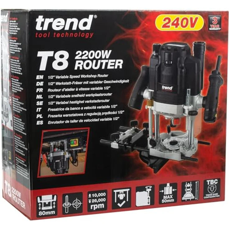 Trend T8EK/EURO, 12mm Dual-Mode Oberfräse mit 2200 W und 11-stufiger Geschwindigkeitsregelung, Schwarz, für Hand- und Frästischbetrieb – Bild 5