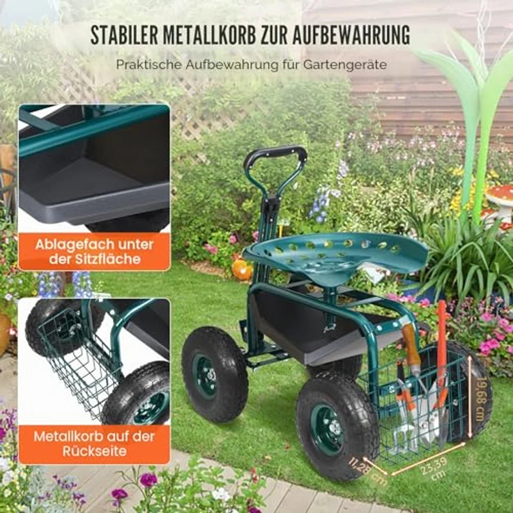 VEVOR Rollsitz Werkstattwagen, 136kg belastbar, höhenverstellbarer Sitz (45-54cm), 360-Grad-Drehfunktion, mit 25cm Griff und aufblasbaren 30PSI Reifen, Grün – Bild 5