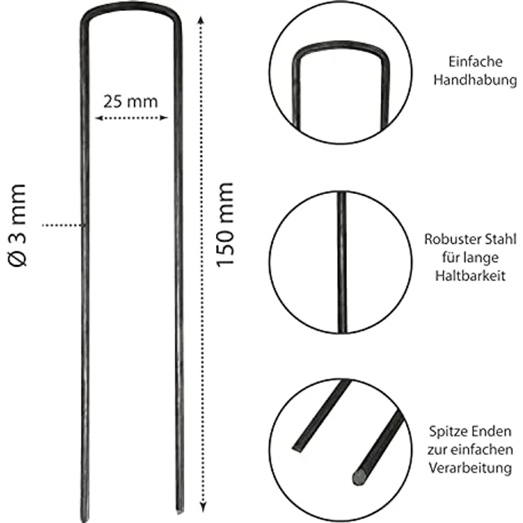 ToCi 100 Stück Erdanker 150 x 25 mm - Stahldraht, Ø 3 mm - Bodenanker zur Befestigung von Unkrautvlies, Folien, Schläuchen – Bild 2