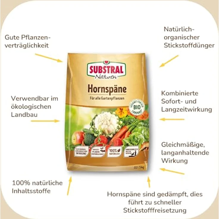 Substral Naturen Bio Hornspäne, 5kg Organischer Dünger, Nährstoffreich und Chloridarm für Garten und Balkon, grün – Bild 3