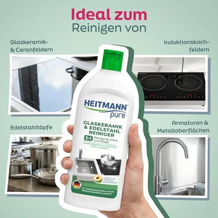 HEITMANN Glaskeramik- und Edelstahl Reiniger 250ml - Intensivreiniger für Kratzschutz, ideal für Induktionskochfelder, Chrom und Messing – Bild 3
