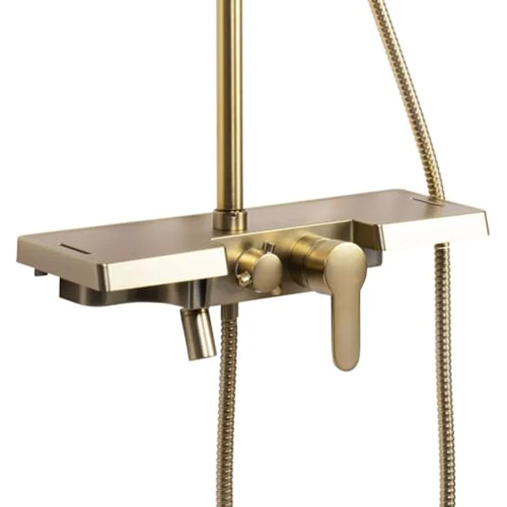 Rea Duschsystem Bravo Brush, Duscharmatur mit Duschkopf und Kopfbrause, Messing, gebürstetes Gold, Anti-Kalk Düsensystem, drei Funktionen, Aufputzmontage – Bild 2