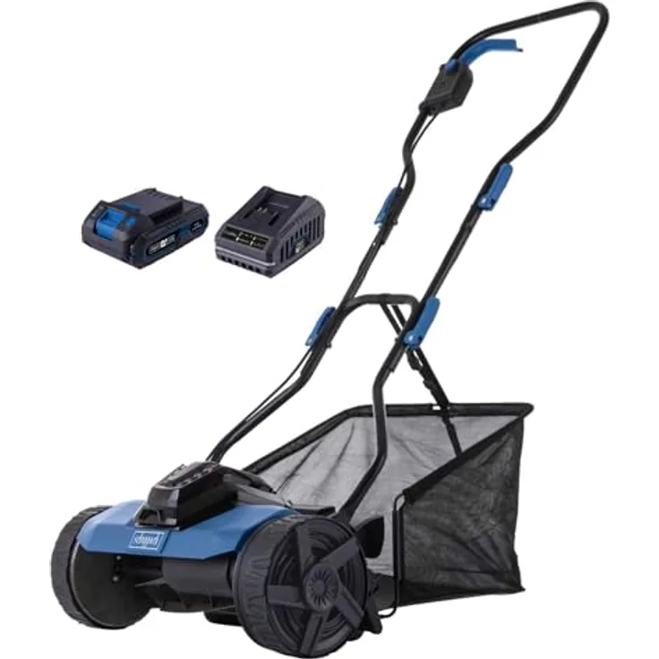 Scheppach Akku Spindelmäher C-SPM380-X, Handrasenmäher mit 38cm Schnittbreite, 45L Fangkorb, Höhenverstellung 14-38mm, 20V-IXES-Serie, inkl. 2Ah Akku & Ladegerät, 10 Jahre Garantie