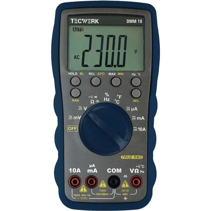 Tecwerk DMM 10, Multimeter (CAT III 600V) mit True RMS, Temperaturmessung -20 °C bis 200 °C, Diodentest und akustische Durchgangsprüfung