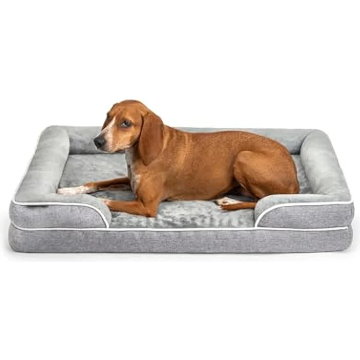 lionto orthopädisches Hundebett mit erhöhtem Rand, 97x71x17 cm, robustes Hundekissen aus weichem Flanell, abnehmbarer & waschbarer Bezug, rutschfest, für große & kleine Hunde sowie Katzen, grau – Bild 1