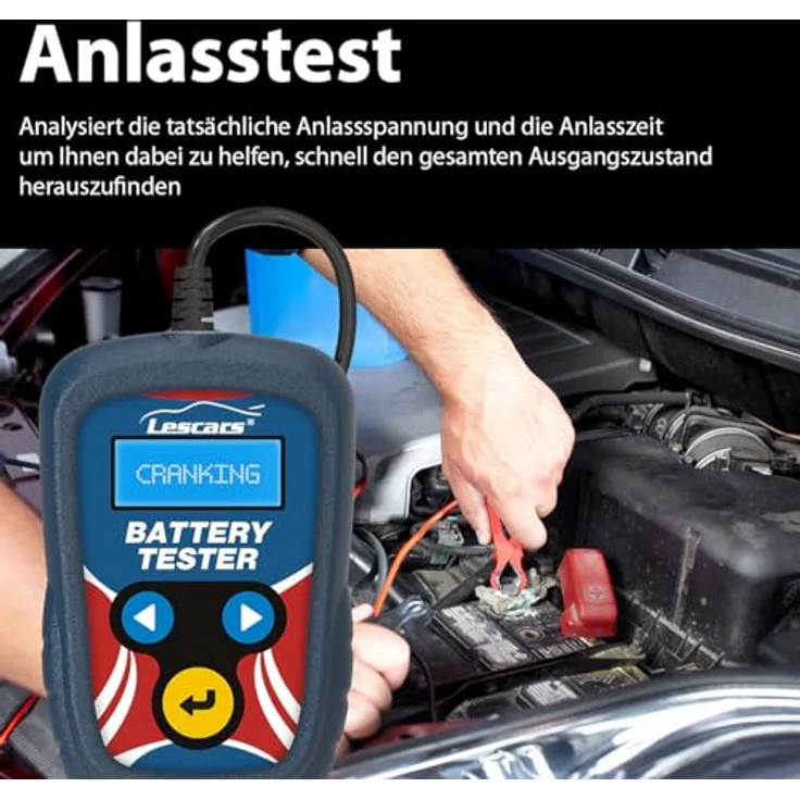 Lescars Batterieprüfer: 12-Volt-Kfz-Batterietester mit Lasttester, 100 bis 2000 CCA (Auto Batterietester Diagnosegerät, Kfz Batterieprüfer, Battery Tester) in Schwarz – Bild 2