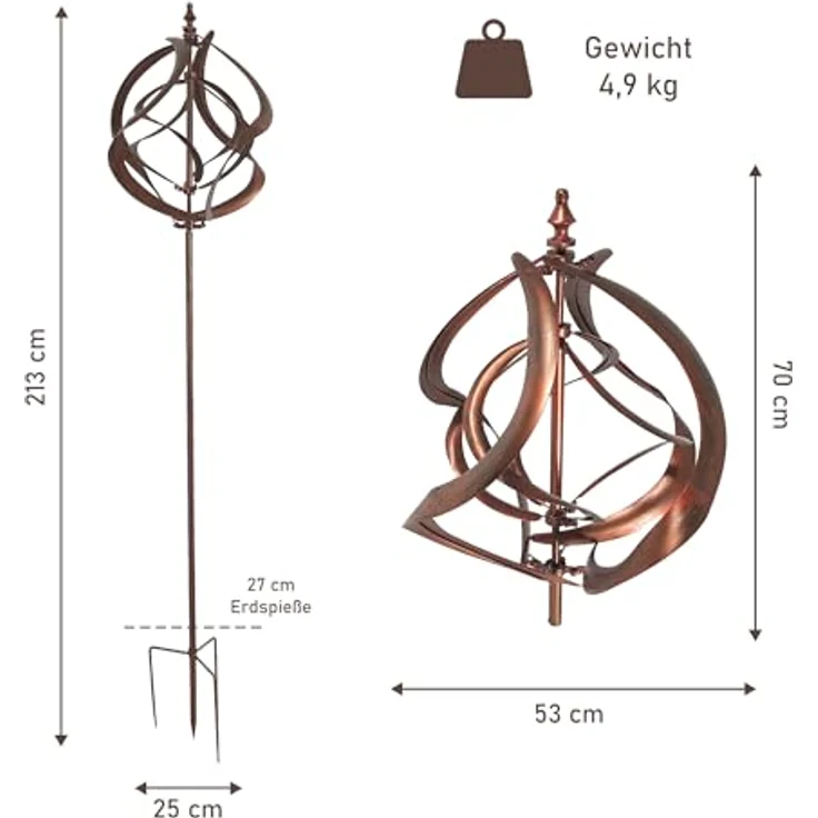 Lemodo Großes Windspiel aus Metall mit gegenläufigen Rotoren, Gartendeko in 3 Höhen aufbaubar, Gartenstecker 213 cm hoch, Windmühle in Kupferoptik, Windskulptur mit Charme - Preisvergleich – Bild 3