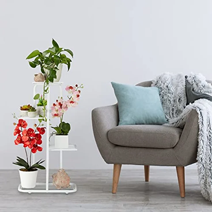 relaxdays Blumenständer Metall Blumentreppe 4 Etagen, Weiß - Pflanzenregal aus pulverbeschichtetem Stahl, für Wohnzimmer, Balkon und Garten geeignet – Bild 3