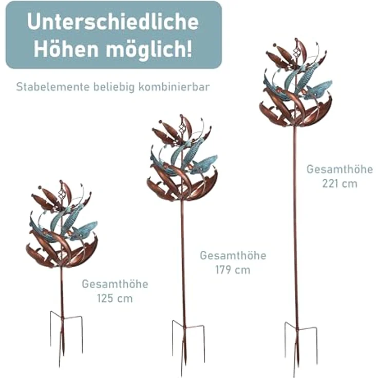 Lemodo großes Windspiel aus Metall mit gegenläufigen Rotoren | Gartendeko in 3 Höhen aufbaubar | Gartenstecker 221 cm hoch | Windmühle in Kupferoptik | Windskulptur mit Charme – Bild 2