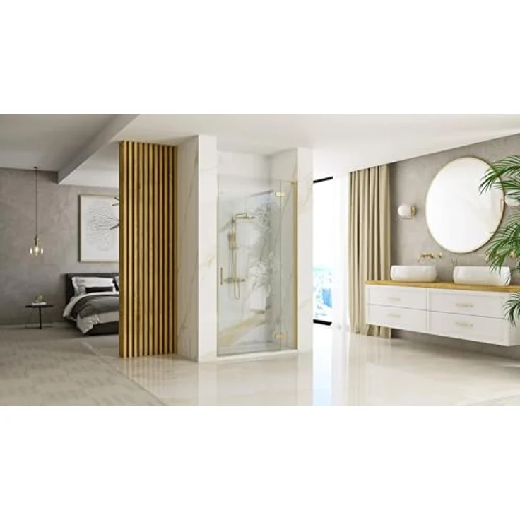 Rea Hugo Pendeltüren für Dusche, 90 cm, gebürstetes Gold, 6 mm dickes Glas, 1,8X90X200,5CM – Bild 2