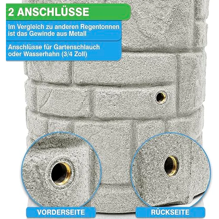 YourCasa Regentonne 230 Liter [StoneRain] mit Metallgewinde und Deckel in Steinoptik - Frostsicher und UV-beständig - Kinder-windsichere Abdeckung - Hellgrau – Bild 5