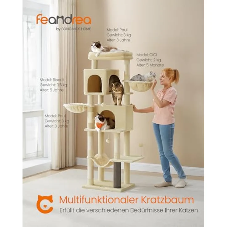 Feandrea Kratzbaum XL, 175 cm hoch, mit 2 Höhlen, 2 Liegemulden, 5 Kratzsäulen, Katzenbürste, sandbeige – Bild 2