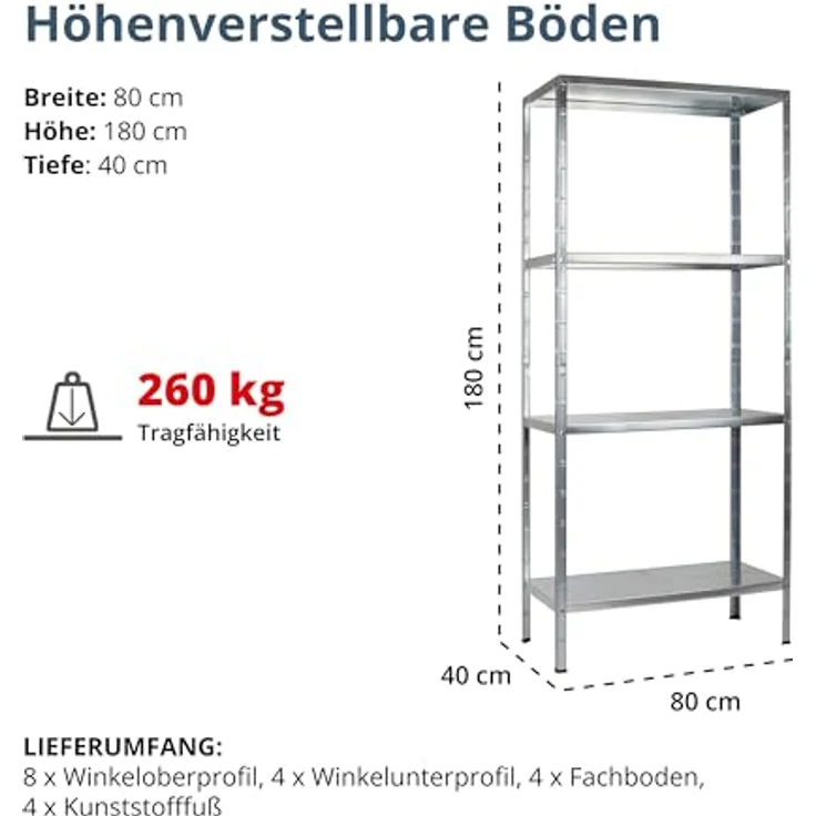 Schulte Regalwelt Lagerregal mit 4 PowerMAX-Fachböden, 180x80x40cm Regalsystem, Steckregal mit einfacher Montage ohne Verschrauben, Traglast je Boden bis zu 65 Kg (bis zu 260 Kg Gesamttraglast) - 4056397004431 – Bild 9