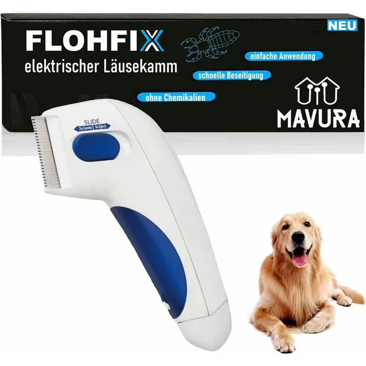 MAVURA Flohkamm FLOHFIX elektrischer Läusekamm Nissenkamm Flohkamm Hunde, Katzen Kinder Läusekamm, Weiß – Bild 1