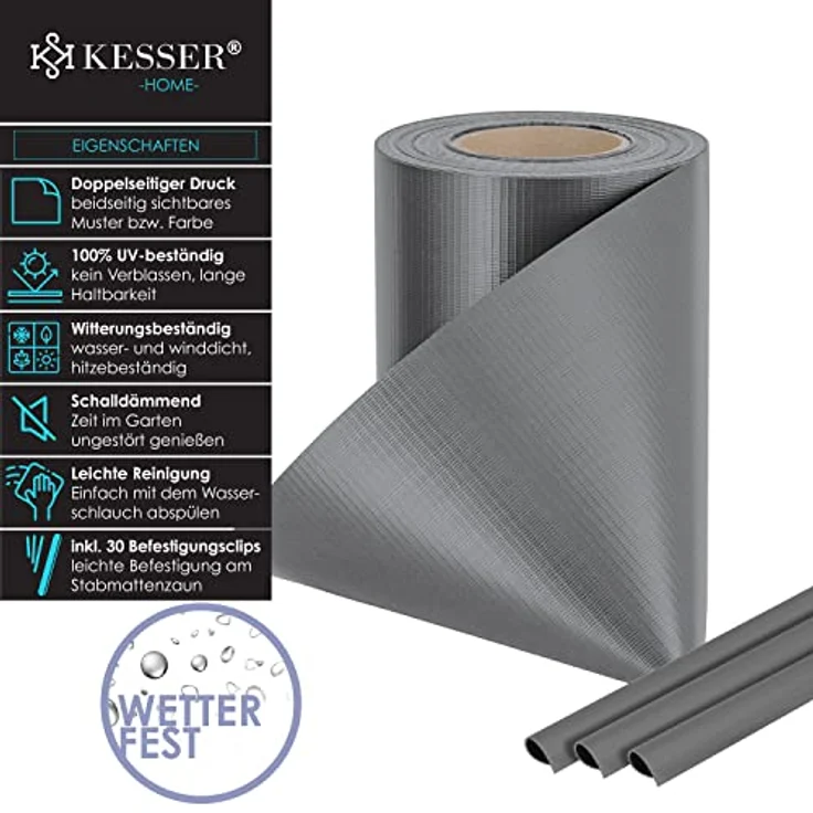 KESSER PVC Sichtschutzstreifen Sichtschutz Rolle Doppelstabmatten Zaun Blickdicht Wetterfest und Windschutz Zaunfolie Sichtschutz Garten Gartenzaun Grau, 35 m – Bild 2