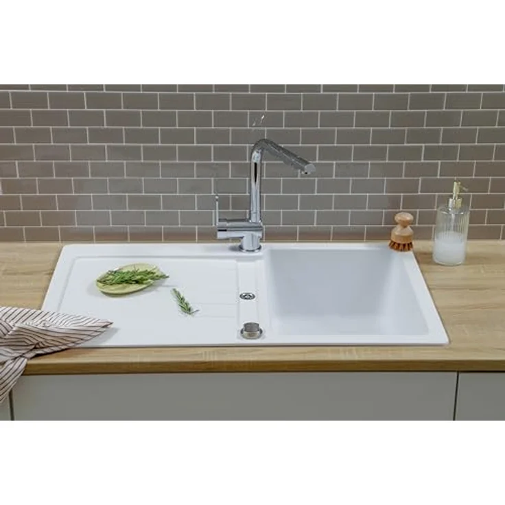 Respekta Austin Massivgranit Spüle 86 x 50, hitzebeständig, abgeschrägte Abtropffläche, Einbau- und Unterbaumontage, 1 Becken, für Unterschränke ab 45 cm Breite, Weiß – Bild 2