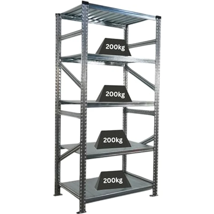 Proregal PROXIMO Metallregal Fachbodenregal, 200 x 90 x 60 cm, Traglast 200 kg, 5 Böden, verzinkter Stahl, schraubenlosem Stecksystem – Bild 1