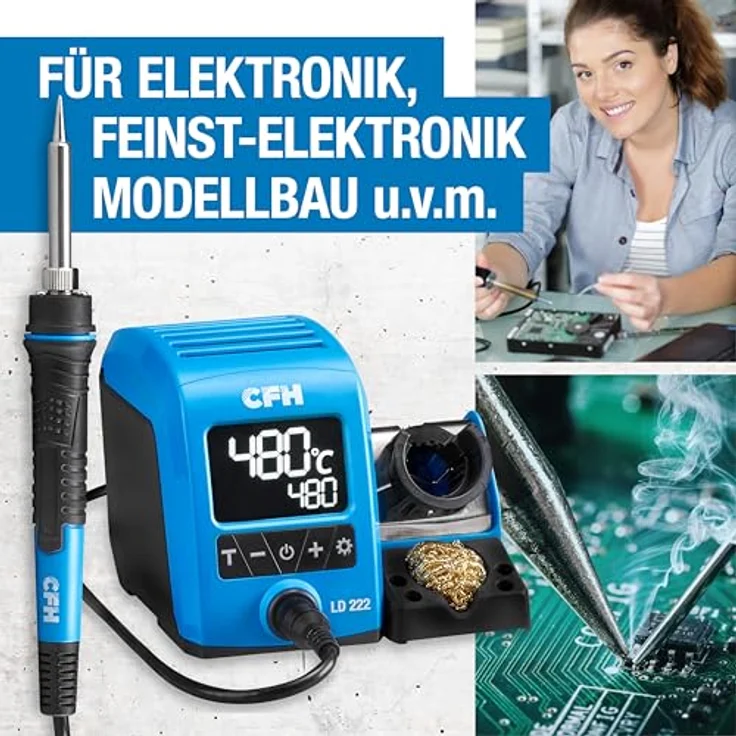 CFH Profi Lötstation digital LD 222, 40 W mit LCD-Anzeige, Temperatur regelbar 150–480 °C, schnelles Aufheizen, gewechselte Lötspitze, TÜV SÜD GS zertifiziert – Bild 3