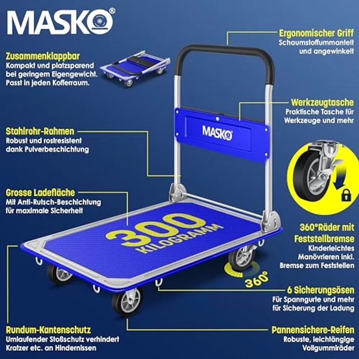 MASKO Transportwagen, Klappbarer Plattformwagen mit robustem Stahlrahmen, 300 kg Tragkraft, inklusive Arbeitshandschuhe – Bild 3