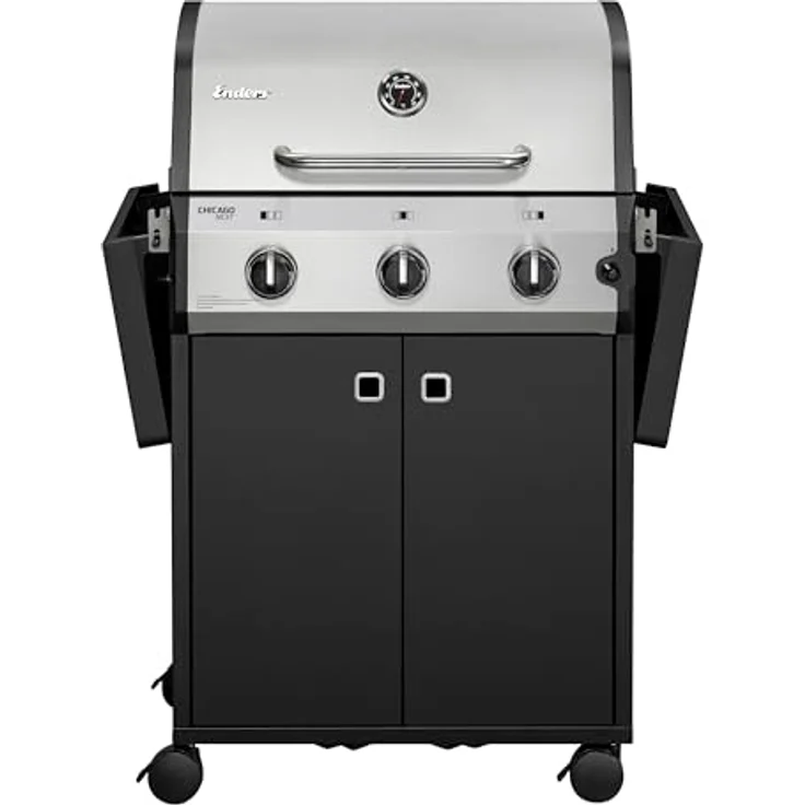 Enders® Gasgrill Chicago Next 3, 3-Edelstahlbrenner, doppelwandige Garhaube, Gussrost, 2 abklappbare Seitenablagen, integriertes Thermometer, 9,6 kW #89396 – Bild 4