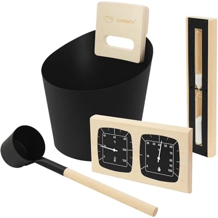LuxeBath Saunazubehör-Set, 4-teiliges Set aus Aluminium & Naturholz, schwarz, 6L Aufgusskübel mit Griff, Schöpfkelle, Thermo-Hygrometer & 15min Sanduhr, langlebiges Sauna Zubehör