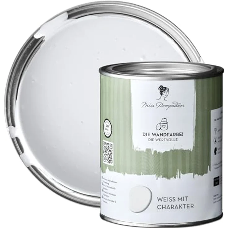 MissPompadour Wandfarbe Die Wertvolle, extramatte Innenfarbe in Weiß mit hoher Deckkraft, 1 L, geruchsneutral, spritzfrei, wasserbasiert – Bild 1